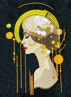 an image of a woman with flowers on her head and gold circles around her face