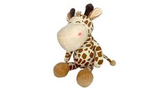 a stuffed giraffe sitting on top of a white floor