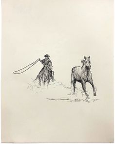 a drawing of two horses pulling a man with a rope on it's back