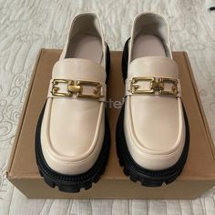 Brand New White/Beige Leather Loafers With Chain Size 8 Retails For $99 #Leatherloafers #Platformloafers #Whiteloafers #Beigeloafers #Womensloafers Trendy Beige Formal Loafers, Trendy Beige Platform Loafers For Work, Chic Beige Platform Loafers, Chic Beige Platform Loafers For Work, Elegant Beige Platform Loafers For Work, Loafers With Chain, Beige Loafers, White Loafers, Platform Loafers