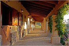 the walkway is lined with stone pillars and wooden doors, along with greenery on either side