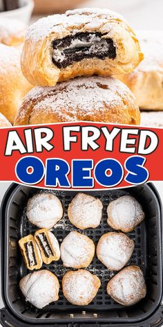 an air fryer filled with oreos covered in powdered sugar next to other pastries