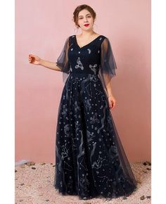 Buy Custom Navy Blue Vneck Star Pattern Prom Dress with Puffy Sleeves Plus Size High Quality at wholesale price online. Free shipping and pro custom service since 2009. Constellation Dress, Stars Constellations, Prom Dress Pattern, Printed Prom Dresses, Dress With Puffy Sleeves, Big Size Dress, Plus Size Prom, Plus Size Formal, Long Coat Women