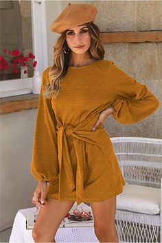 PRETTYGARDEN Women’s Elegant Long Sleeve Short Dress Crewneck Tie Waist Indie Outfits $11.99 #fashion #style #outfits #indie #indiestyle #indiefashion #womenoutfits Casual Winter Looks, Knit Cocktail Dress, 70s Outfits, Lantern Sleeve Dress, Vintage Swimwear, Dress Autumn, Dress Belt