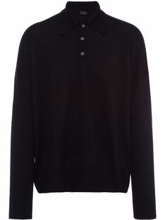 Black cashmere cashmere polo top from PRADA featuring fine knit, classic collar, front button placket, drop shoulder, long sleeves, ribbed cuffs, ribbed hem and logo patch to the rear. | Prada Cashmere Polo Top Polo Jumper, Cashmere Polo, Versace Outfit, Polo Top, Knitwear Men, Sweaters Knitwear, Button Placket, Jean Coat, Drop Shoulder