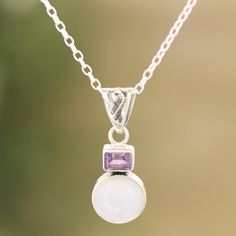 The gemstones of this sterling silver pendant necklace make a stylish accessory that will definitely add an alluring touch to any outfit. Indian artisan Shankar brings us this lovely design featuring a bright rainbow moonstone and a faceted amethyst of one carat. This precious creation is ideal for any occasion as its style complements many outfits. Silver Amethyst Round Pendant Crystal Necklaces, Outfit Indian, Amethyst Multi-stone Pendant Jewelry, Nickel-free Amethyst Round Pendant Jewelry, Amethyst Pendant Necklace, Amethyst Pendant With Polished Finish, Purple Multi-stone Pendant Gemstones, Amethyst Necklace Pendant, Bright Rainbow