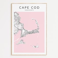 a pink poster with the shape of cape cod on it's front and side