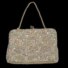 Vintage Iridescent Sequin Bead Evening Bag Small Bridal Purse Clutch Hong Kong Embellished Cream Evening Bag, Festive Evening Bag With Pearl Handle, Elegant White Sequined Bags, Cream Beaded Party Bag, Embellished Cream Evening Bag For Party, Festive Beaded Evening Bags, Rectangular Sequined Bags For Weddings, Rectangular Sequin Bags For Weddings, Rectangular Sequin Bags For Wedding