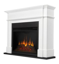 a white fireplace with flames on it