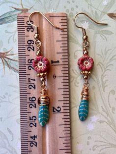 Dainty Earrings, Floral Jewelry, Czech Glass Earrings, Flower and Leaf Earrings, Wire Wrap Earrings, Nature Gift for Her - Etsy Canada Bohemian Flower Earrings With Czech Glass, Bohemian Flower Czech Glass Earrings, Handmade Copper Gold Flower Earrings, Gold Czech Glass Dangle Flower Earrings, Handmade Gold Flower Earrings In Copper, Gold Dangle Flower Earrings With Czech Glass, Bohemian Pierced Earrings With Czech Glass, Bohemian Czech Glass Pierced Earrings, Handmade Gold Flower Earrings With Czech Glass