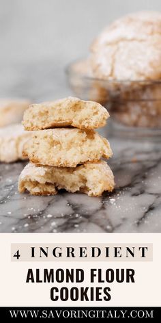 four ingredient almond flour cookies stacked on top of each other with the words 4 ingredients in front of them