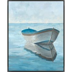 a painting of a boat floating on the water with blue sky and clouds in the background