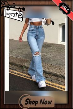 Light Blue Distressed Ripped Hole Wide Leg Jeans Blue Ripped Flare Jeans For Summer, Summer Ripped Blue Flare Jeans, High Rise Ripped Blue Flare Jeans, Style Jeans, Basic Tops, Wide Leg Denim, Flared Jeans, Daily Look, Fit & Flare