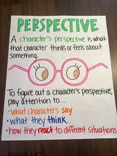 a poster with some writing on it that says, perspective is what character thinks or feels about something