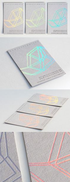 four business cards with different colored lines on the front and back, all in grey paper