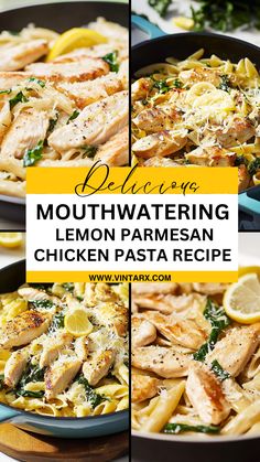 three pictures of chicken pasta with lemons and parmesan cheese