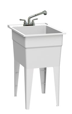 a white sink sitting on top of a wooden stand