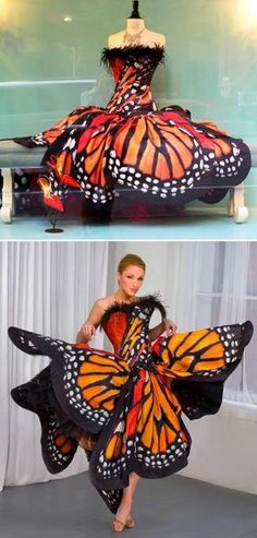 a woman in a dress made out of butterfly wings, and another photo of a woman wearing