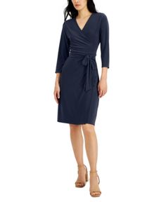 Make timeless sophistication part of your rotation with this Alfani dress, a wrap silhouette that's always stylish. Approx. model height is 5'10" and she is wearing a size small Surplice neckline; Wrap silhouette Tie closure at front 3/4-sleeves On-seam pockets at sides XS=0-2, S=2-4, M=6-8, L=10-12, XL=14-16 Lined Polyester/spandex; lining: polyester Machine washable Imported , Web ID: 13895928