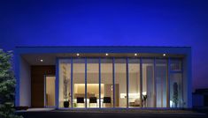 a modern house lit up at night with large glass doors and windows on the outside