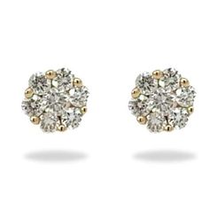 Fall in love with these exquisite Flower 14K Yellow Gold Diamond Stud Earrings. Set in 14K yellow gold and featuring 14 diamonds totaling 0.75 ctw., these earrings will add an elegant sparkle to any look. Be inspired and captivated by their classic yet dazzling design! The perfect gift.Jewelry Style : EarringsJewelry Style : Diamond StudMetal Type : 14K YellowDiamond Shape : Round Brilliant CutDiamond Weight : 0.75 ctwDiamond Quantity : 14 round white diamondsDiamond Color : I-JDiamond Clarity : SI1-SI2 Classic Yellow Gold Flower-shaped Cluster Earrings, Flower-shaped Diamond Earrings With Single Cut Diamonds, Yellow Gold Flower Earrings With Brilliant Cut, Luxury Diamond Cluster Earrings In Flower Shape, Flower Shaped Diamond Earrings With Single Cut Diamonds, Formal Flower-shaped Diamond Earrings With Single Cut Diamonds, Luxury Flower Shaped Diamond Earrings, Yellow Gold Diamond Flower Earrings With Accents, Luxury Flower Shaped Diamond Earrings With Accents