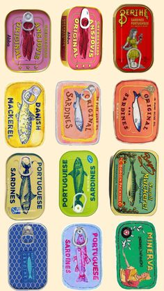 nine tins with different types of fish on them, all painted in different colors