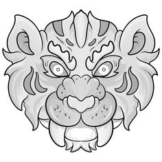 a black and white drawing of a lion's head with big eyes, on a white background