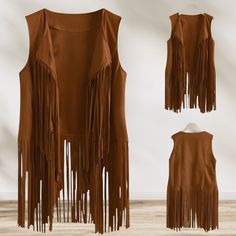 Genuine Leather Fringe Vest. This handmade fringe vest exudes a vintage-inspired boho chic that channels the free-spirited energy of the 70s. With its versatile design, this unique statement piece is perfect for any occasion. Whether you're looking to add a touch of southwestern flair or simply elevate your festival fashion game, this vest is the perfect addition to your wardrobe Cut from premium sheepskin leather, this open-front vest features drapey fringe flowing down the front and back for a Fall Festival Vest With Fringe, Fall Sleeveless Vest With Tassels, Bohemian Fringe Vest For Festivals, Bohemian Brown Vest For Festival, Brown Fringe Vest For Festival, Bohemian Brown Vest With Fringe, Festival Fringe Brown Vest, Brown Bohemian Vest With Fringe, Bohemian Fringe Vest For Spring