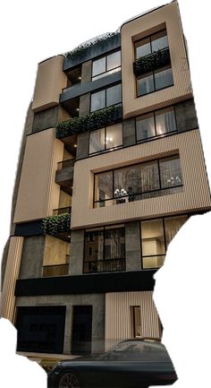 an apartment building with many windows and balconies on the top floor, in front of a car