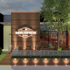 a rendering of the exterior of a restaurant with lights on and trees in front of it