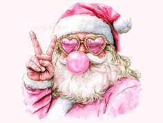 a watercolor painting of santa claus giving the peace sign and wearing heart shaped sunglasses