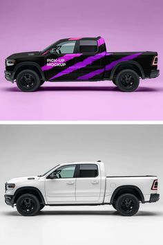 two different trucks side by side on a pink and purple background, one is black and the other is white