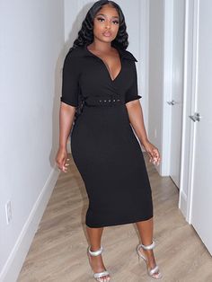 Material: 90-95% Polyester & Spandex.Features:Solid color. belted. collared. split. bodycon. half sleeve. midi dresses.Style: Casual. Short Sleeve Solid Color Midi Dress For Night Out, Solid Color Midi Dress For Club, Fitted Belted Midi Dress, Belted Fitted Midi Dress, Fitted Black V-neck Belted Dress, Belted Midi Dress For Night Out, Chic Half Sleeve Belted Midi Dress, Belted Midi Dress With Short Sleeves For Party, Fitted Knee-length Belted Dress For Date Night