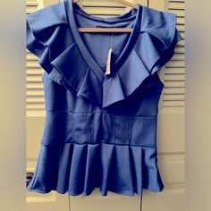 Nwt Royal Blue Ruffle Shoulder Sleeve Top Elegant Blue Tops With Ruffle Hem, Blue Ruffled Party Tops, Chic Blue Ruffled Tops, Blue Ruffle Top For Brunch, Blue Ruffled Top For Brunch, Chic Blue Top With Ruffle Hem, Chic Blue Tops With Ruffle Hem, Blue Ruffled Blouse For Brunch, Blue Ruffle Top