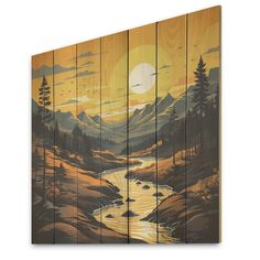 a wooden wall hanging with an image of a river and mountains in the background at sunset