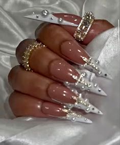 White Stilletos Nails, Square Nails With Stiletto Pinky, White Stiletto Nails, Pointed Nails, Glow Nails, French Acrylic Nails