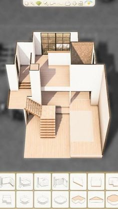 an overhead view of a house with the floor plan and steps up to the second story