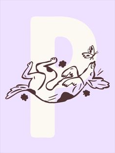 the letter p with a drawing of a man on it's back and flowers in his hand