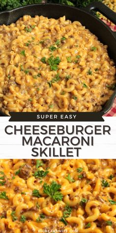 cheeseburger macaroni skillet in a cast iron pan with parsley on top