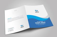 a blue and white brochure is open to show the company's logo