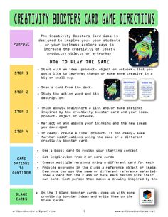 a poster with instructions on how to play the game creativity boosters card game directions