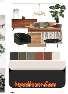 the interior design mood board is full of green and brown furniture, including a couch, chair