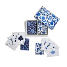 blue and white playing cards with matching cases