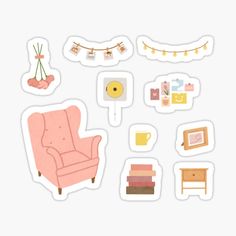 a pink chair and some stickers on a white background