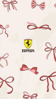 the ferrari logo is surrounded by red and pink bows on a white background with black lettering