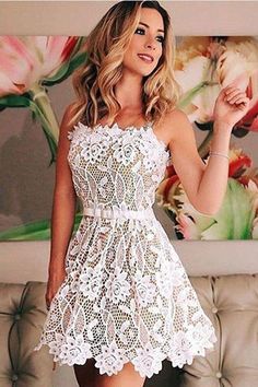 Gaun Fashion, White Homecoming Dresses, Dress Sash, Lace Homecoming Dresses, A Line Dresses, Irish Crochet, Lace Mini Dress, Homecoming Dress, Strap Dress