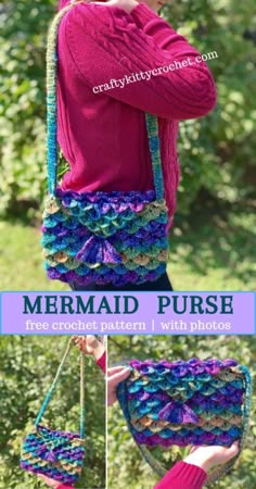 the mermaid purse is crocheted and has been made with two different yarns