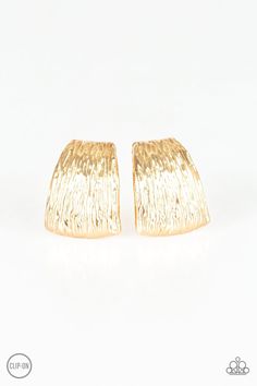 Rippling with shimmery textures, a glistening gold frame flares from the ear for a classic look. Cheap Gold Glitter Earrings, Pink Jewels, Gold Clips, The Ear, Paparazzi Accessories, White Rhinestone, Silver Bars, Paparazzi Jewelry, Earrings Collection