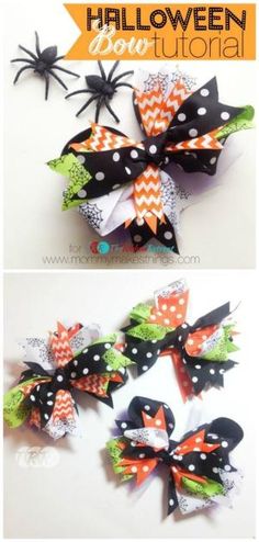 halloween hair bows with polka dots and spider webs on the bottom, and an orange bow