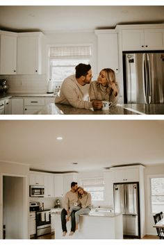 a man and woman sitting on top of a kitchen counter